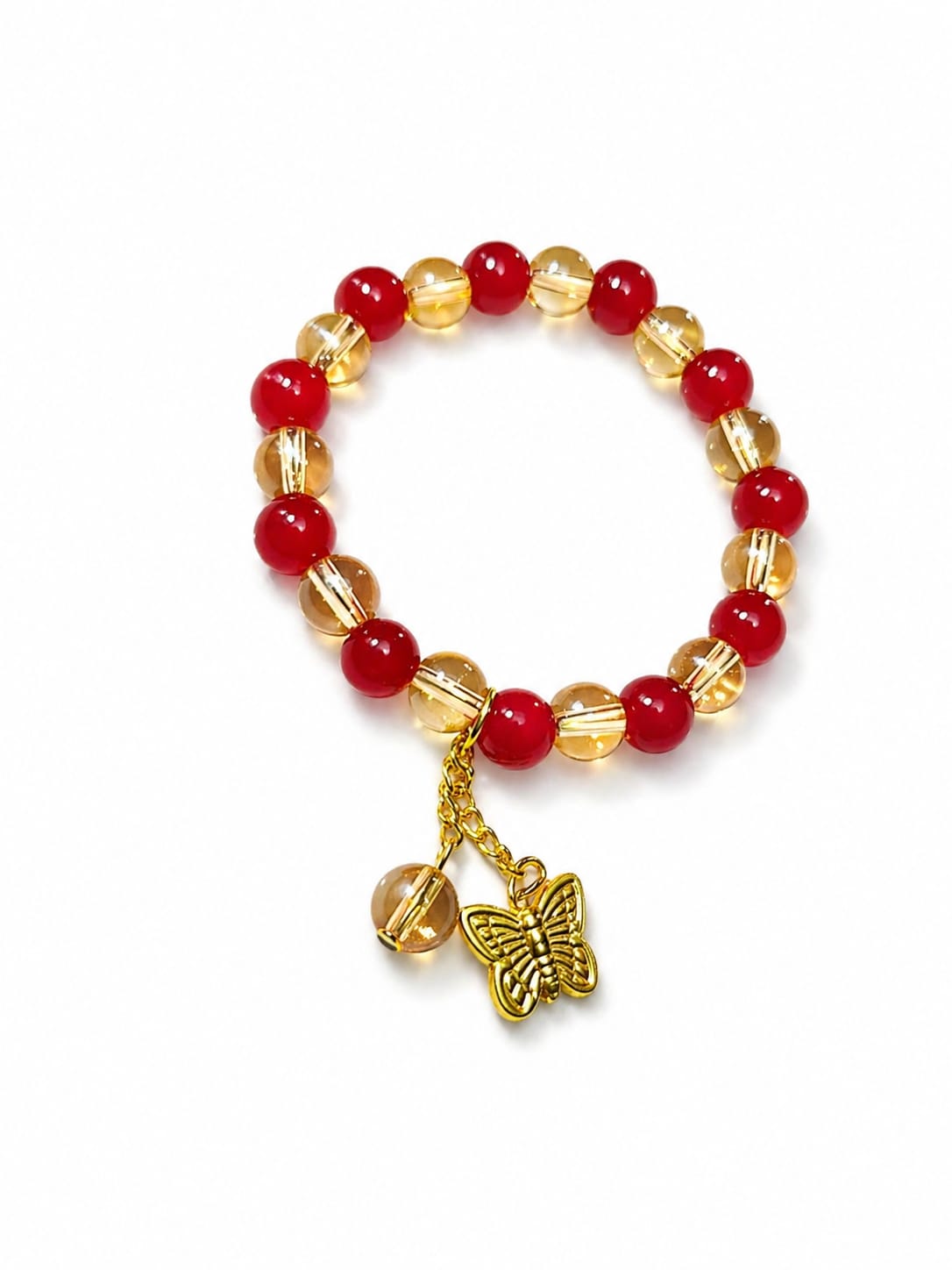 Golden Butterfly Charm Beaded Bracelet – Crystal & Jade Stretch Bracelet
