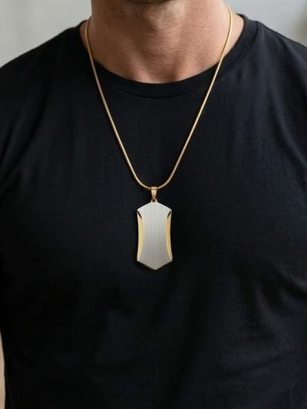 Modern Dual-Tone Shield Pendant Necklace