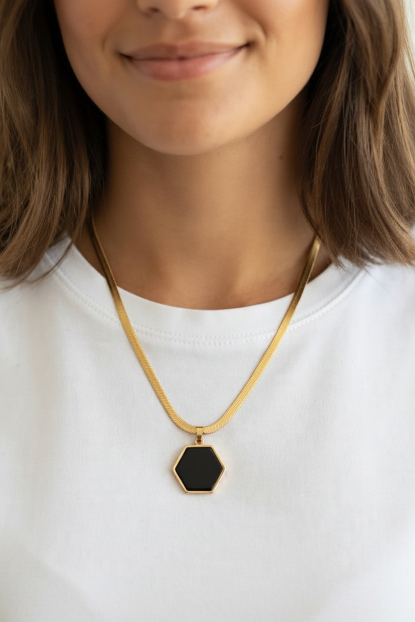 Black Hexagon Pendant Gold Chain Necklace for Women