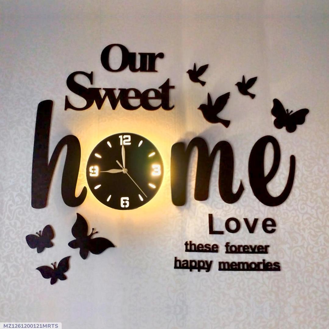 Modern 3D Wall Clock with LED Light – “Our Sweet Home” Decorative Wall Art