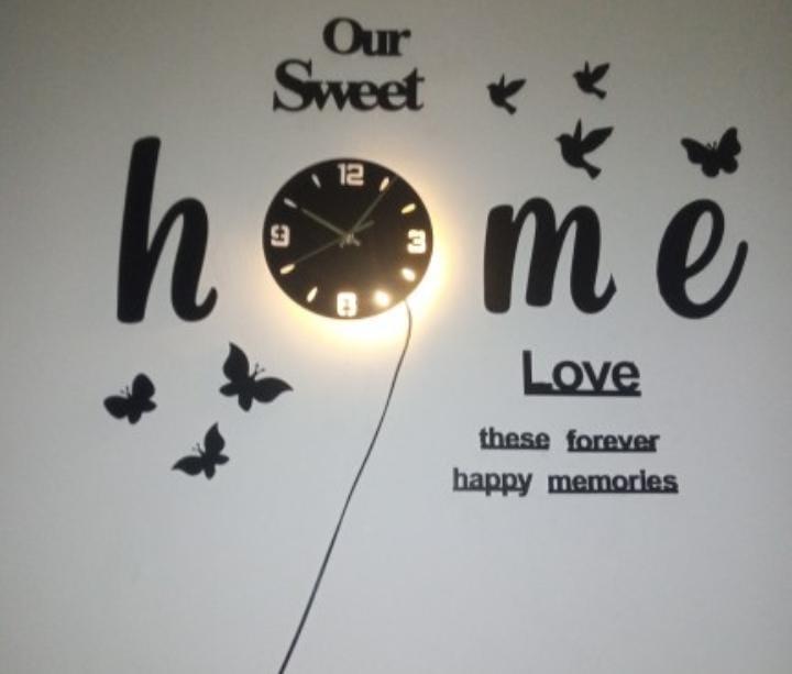 Modern 3D Wall Clock with LED Light – “Our Sweet Home” Decorative Wall Art