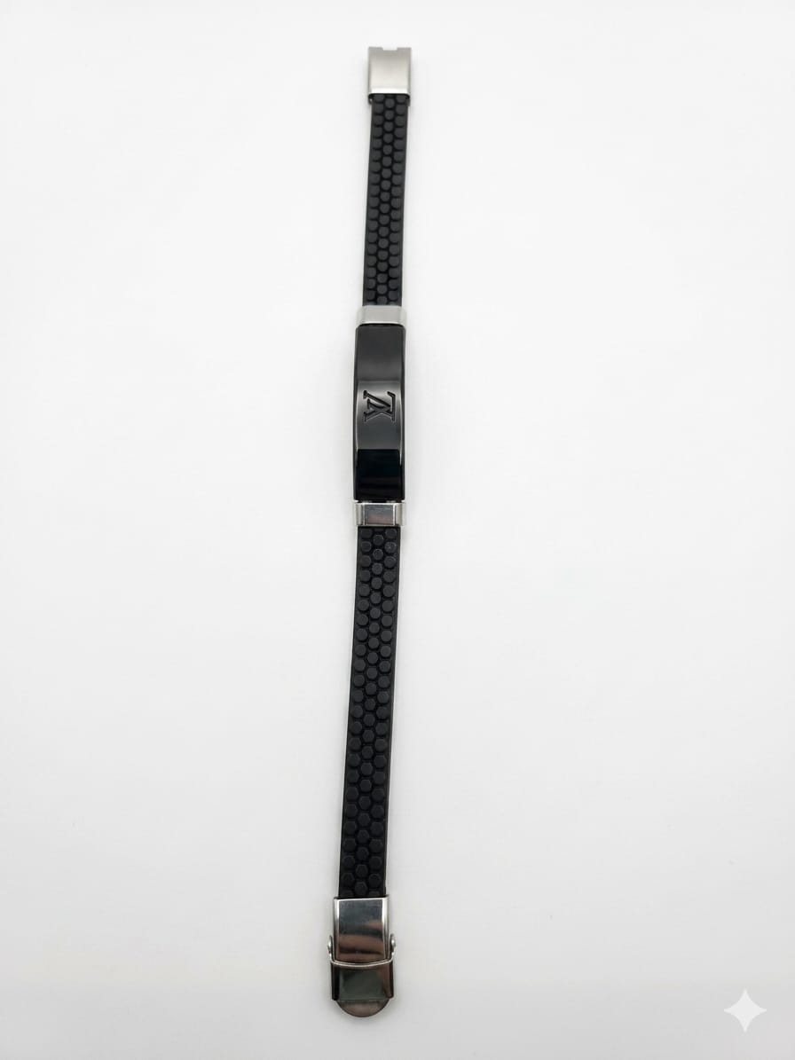 Men’s Black Stainless Steel Bracelet – Stylish Leather Strap Engraved Design