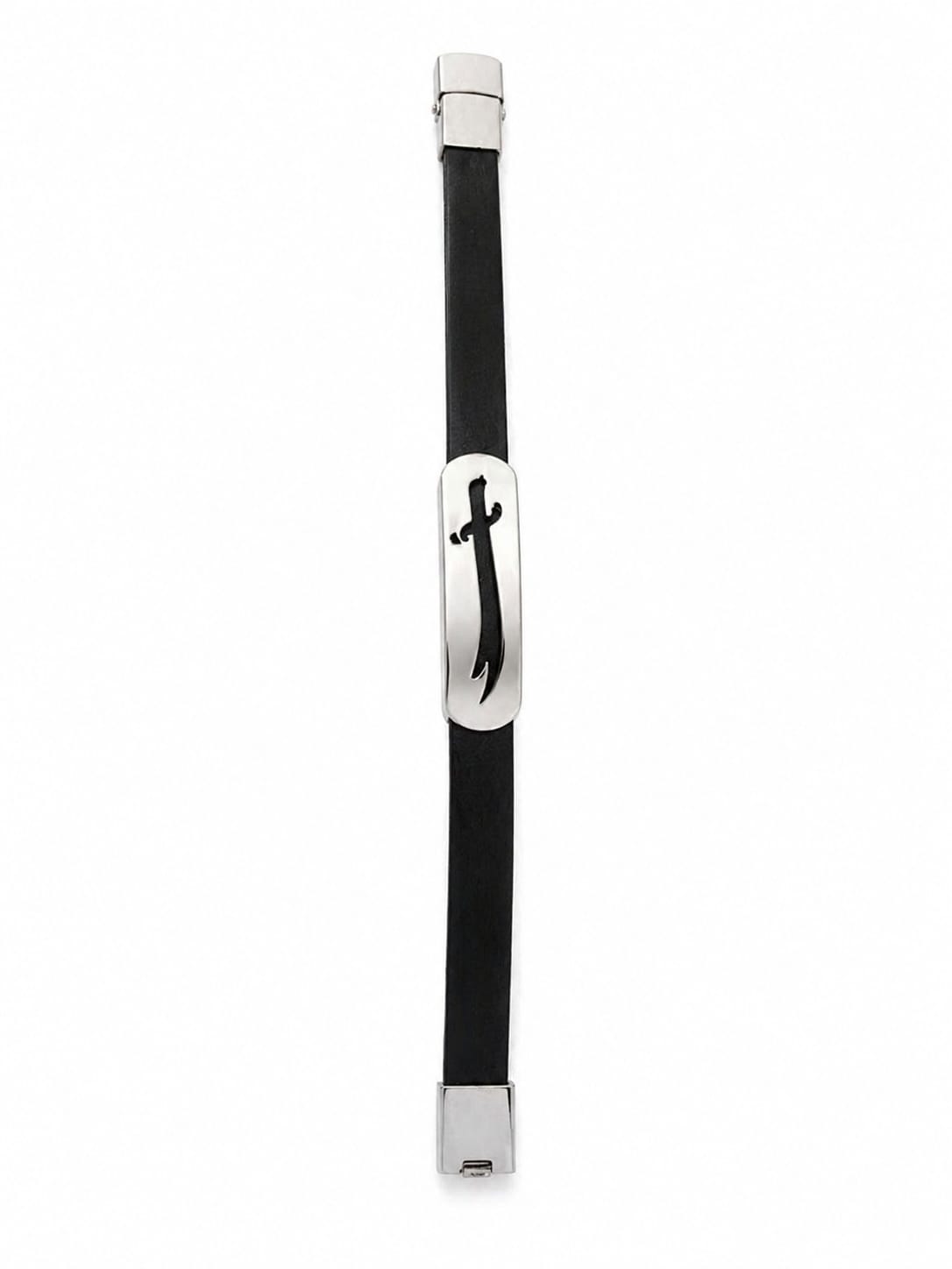 Men’s Black Stainless Steel Bracelet – Stylish Leather Strap Engraved Design