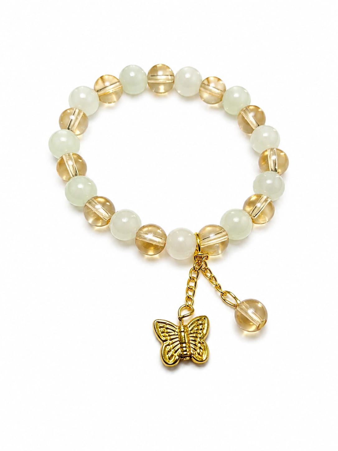Golden Butterfly Charm Beaded Bracelet – Crystal & Jade Stretch Bracelet