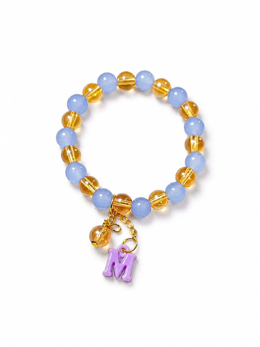 Blue & Gold Beaded Bracelet with Initial Charm – Personalized Stretch Bracelet