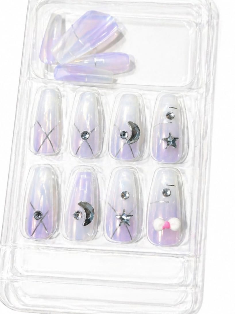 Aurora Pearl Chrome Press-On Nails with Star & Moon Charms – Glossy Purple Gradient Nail Set