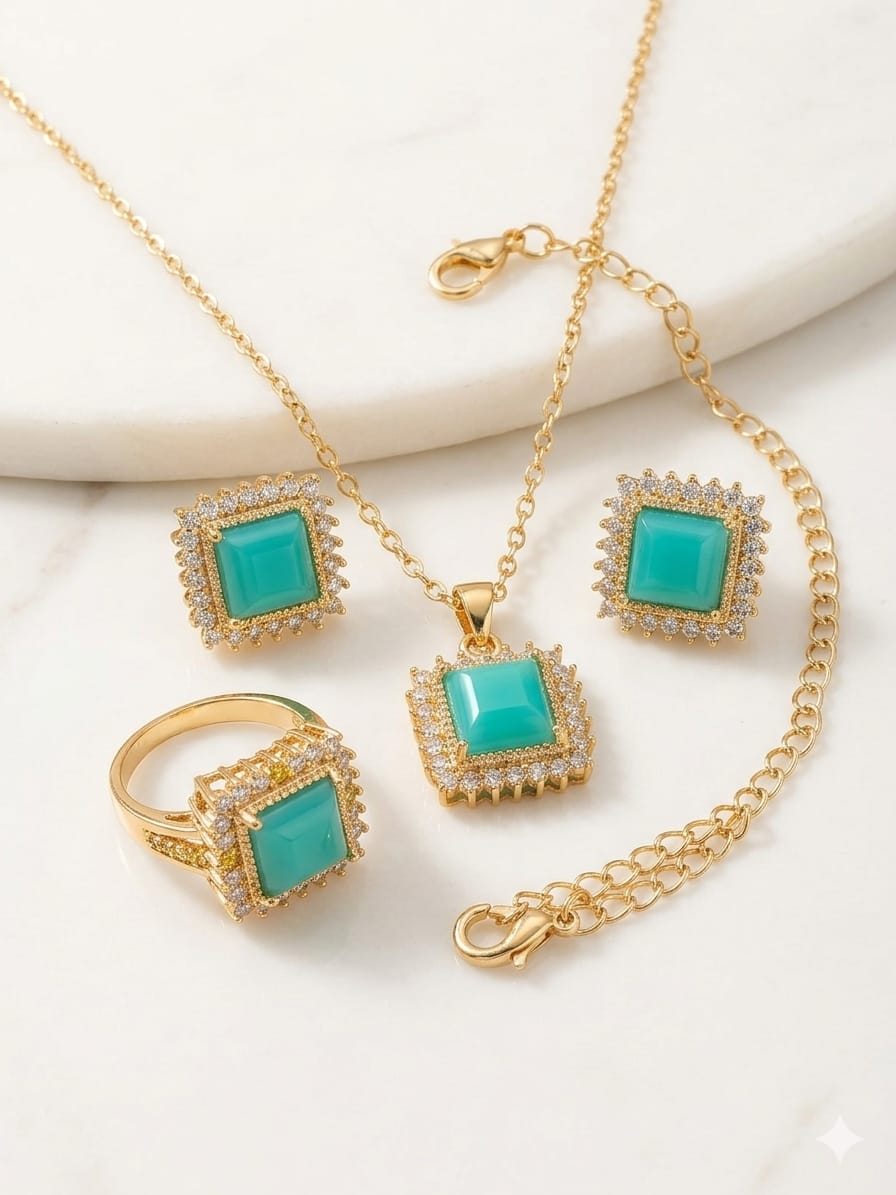 Elegant Green Stone Gold-Plated Jewelry Set for Women (Necklace, Earrings & Ring)