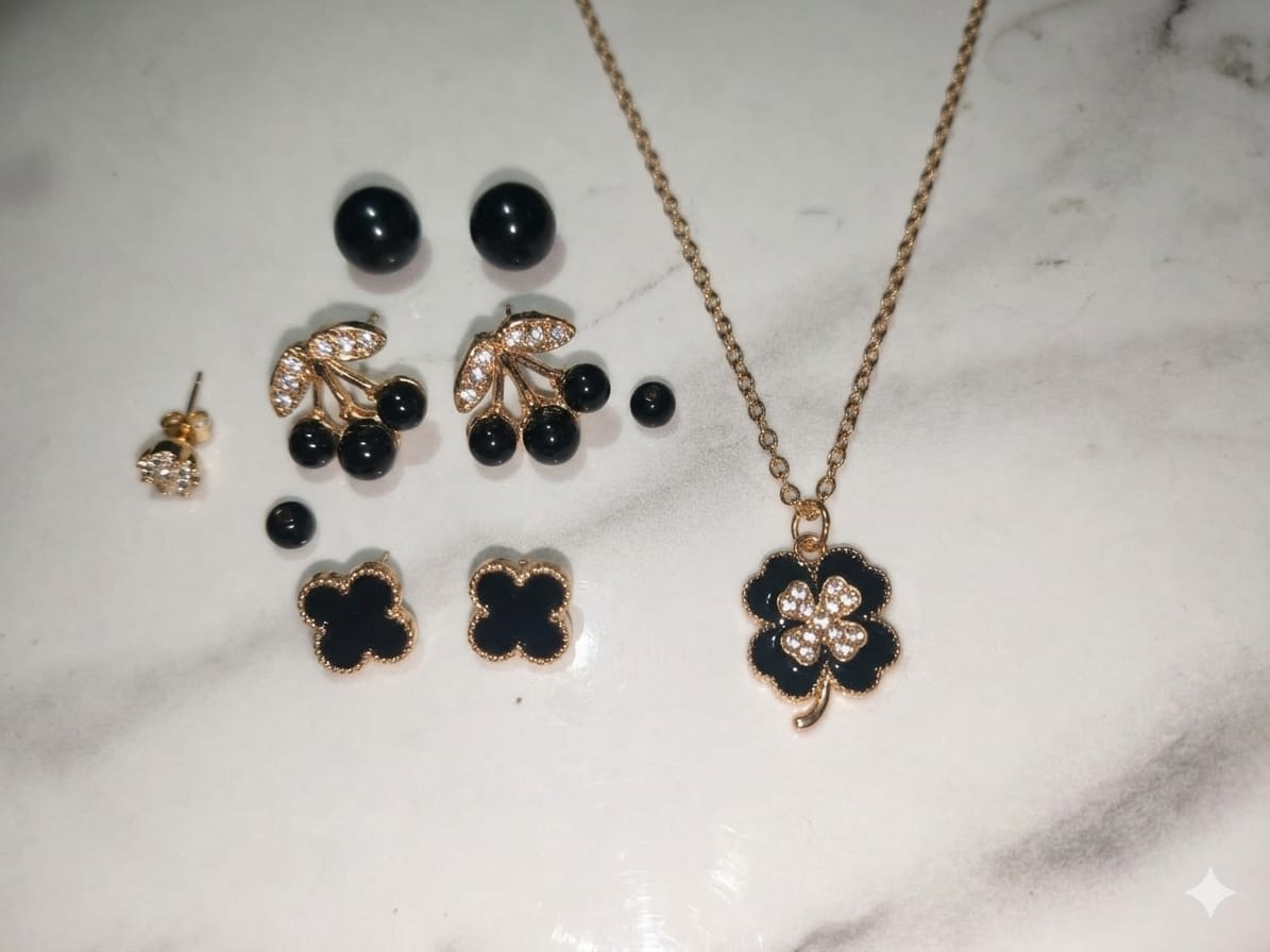 Elegant Black Clover Jewelry Set with Necklace & Multiple Earrings