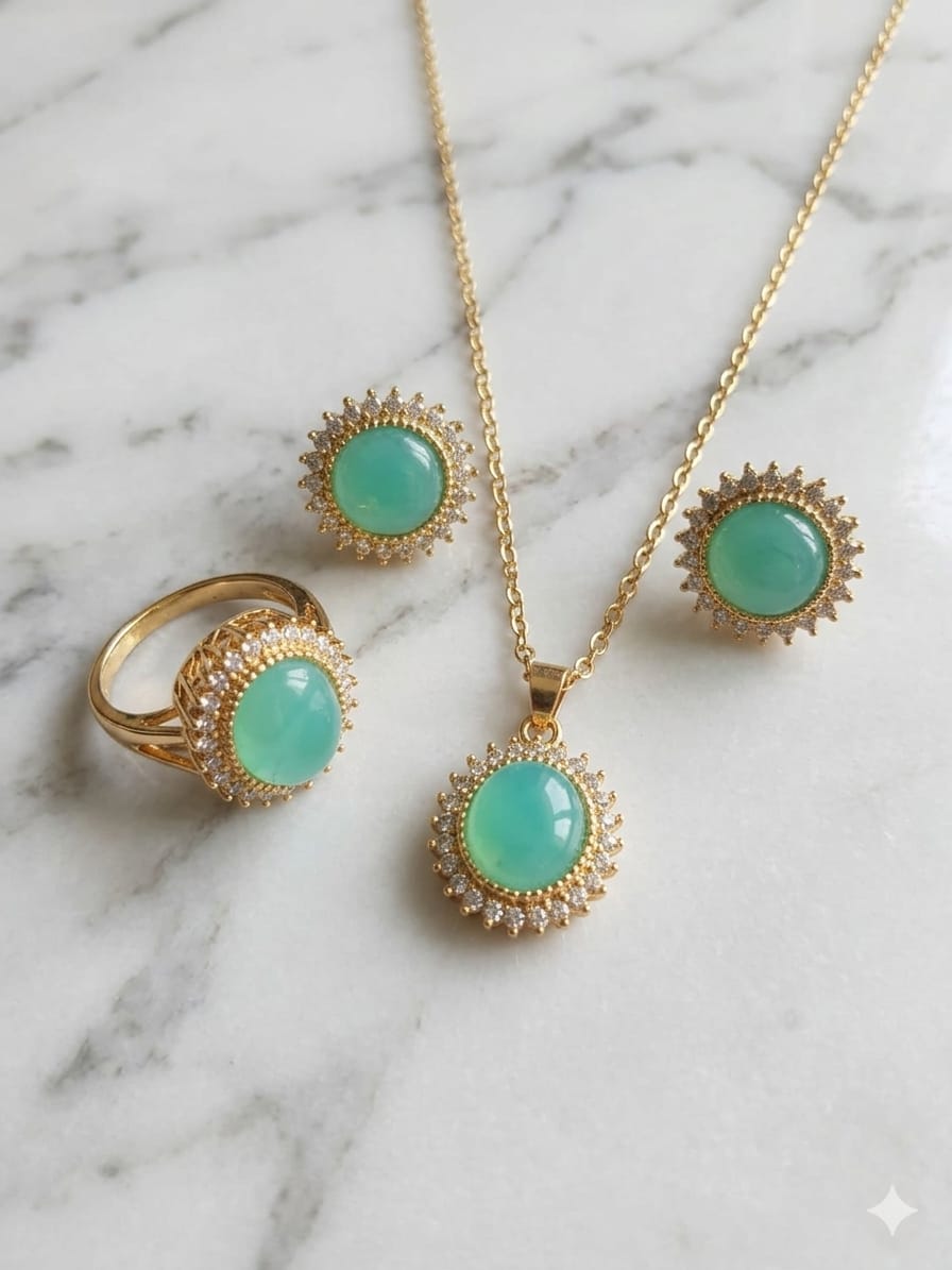 Elegant Green Stone Gold-Plated Jewelry Set for Women (Necklace, Earrings & Ring)
