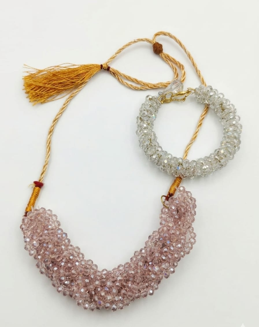 Handcrafted Crystal Beaded Necklace & Bracelet Set with Adjustable Tassel